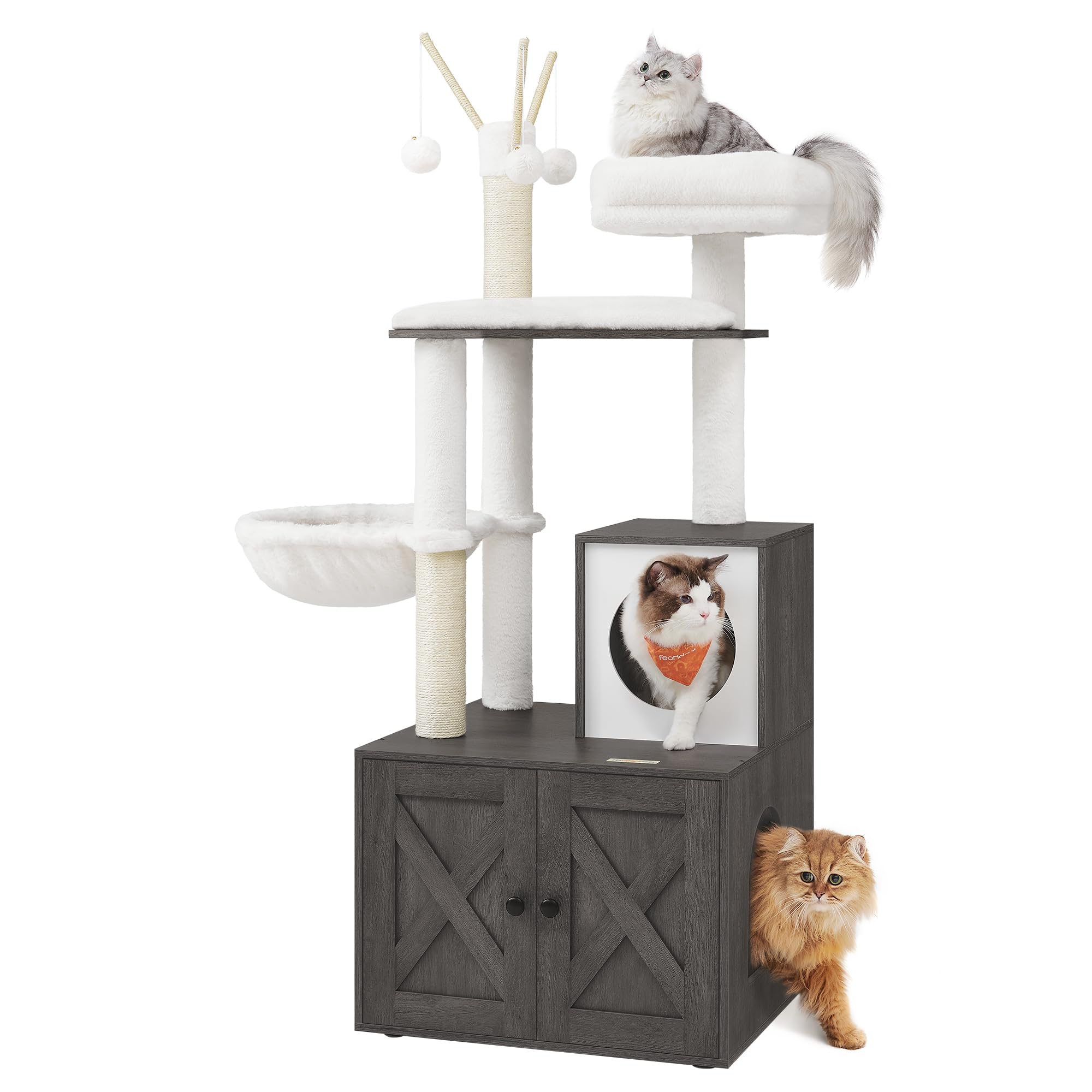 Feandrea Torre Rascador para Gato con Mueble para Arenero Integrado — Centro de Actividades 2 en 1 con Cojines Lavables y Postes de Sisal