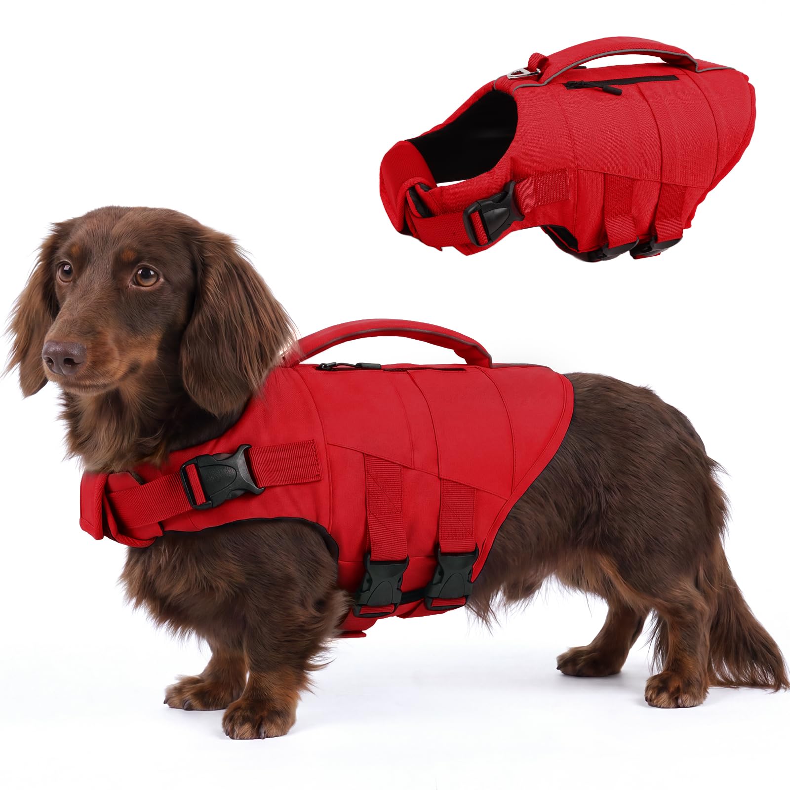 Kuoser — Chaleco Salvavidas con Alta Flotación, Tiras Reflectantes y Asa de Rescate para Perros