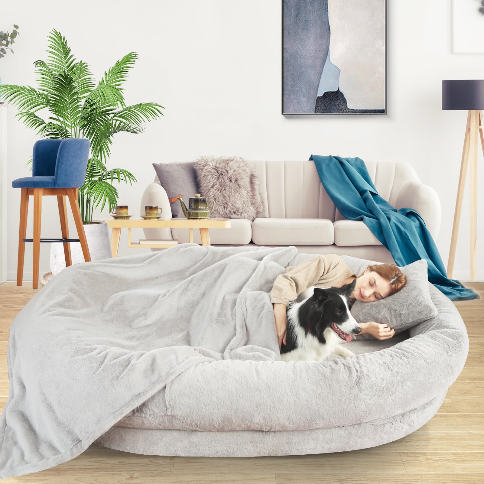 Cama Tamaño Humano para Perros y Adultos con Almohada y Cobija — Felpa Ortopédica Lavable y Removible para Mascotas Grandes