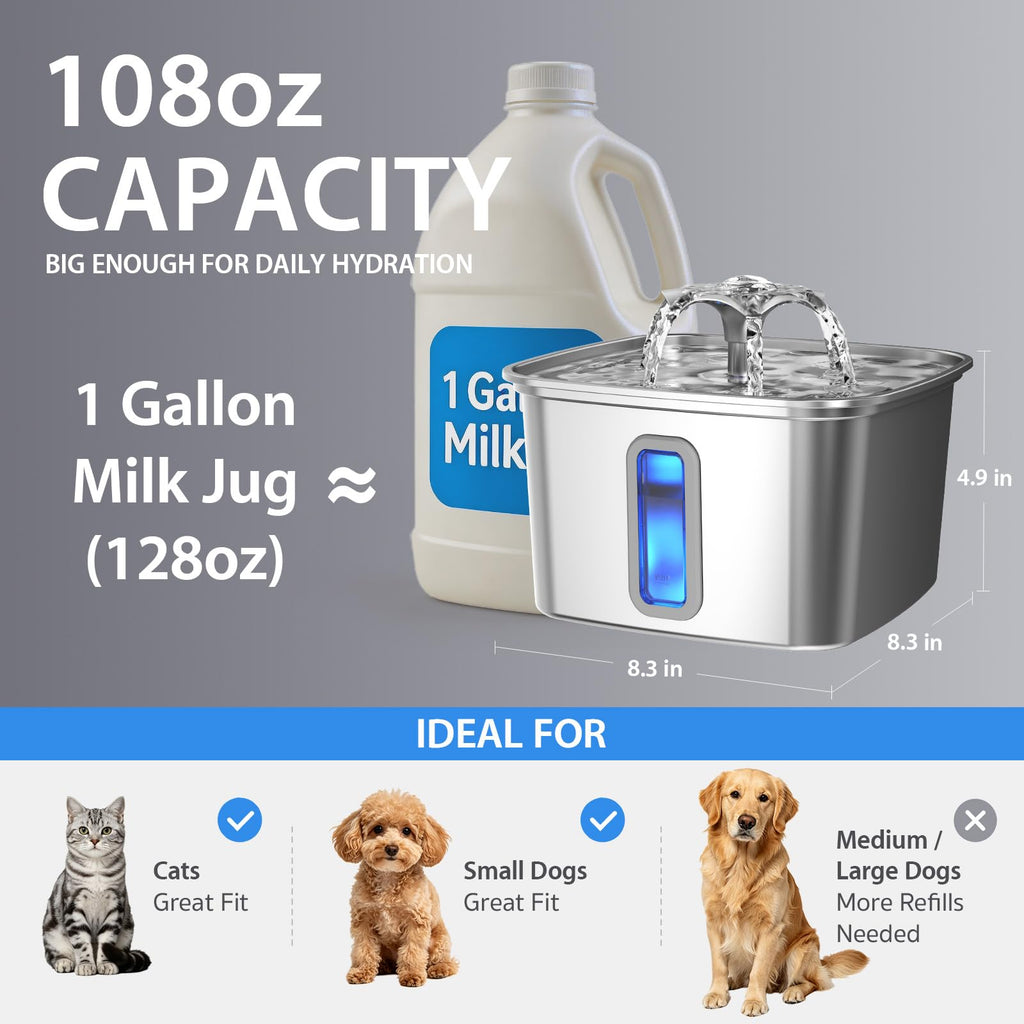 Veken — Fuente de Agua para Mascotas en Acero Inoxidable con Filtros de Repuesto y Tapete de Silicona para Gatos y Perros