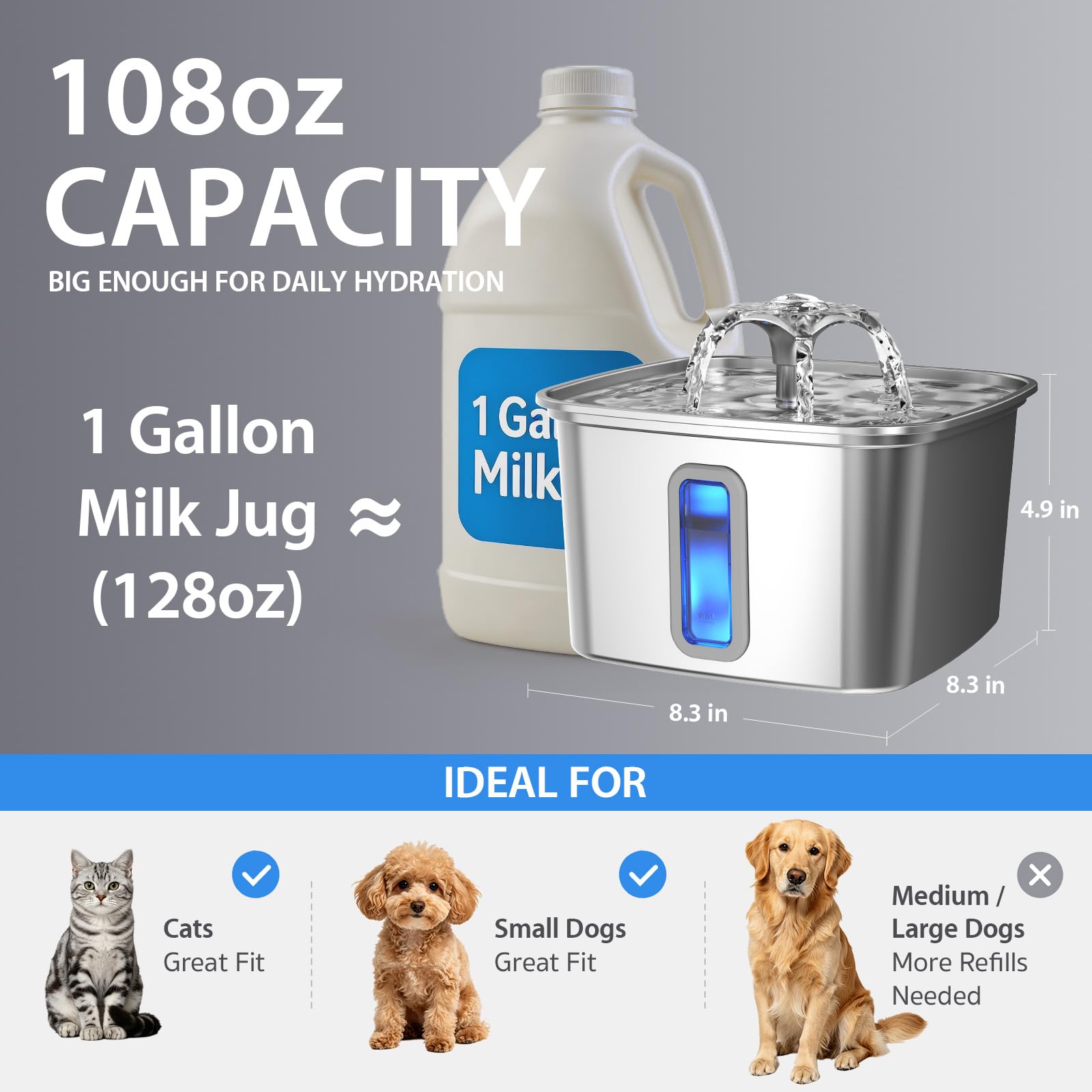 Veken — Fuente de Agua para Mascotas en Acero Inoxidable con Filtros de Repuesto y Tapete de Silicona para Gatos y Perros