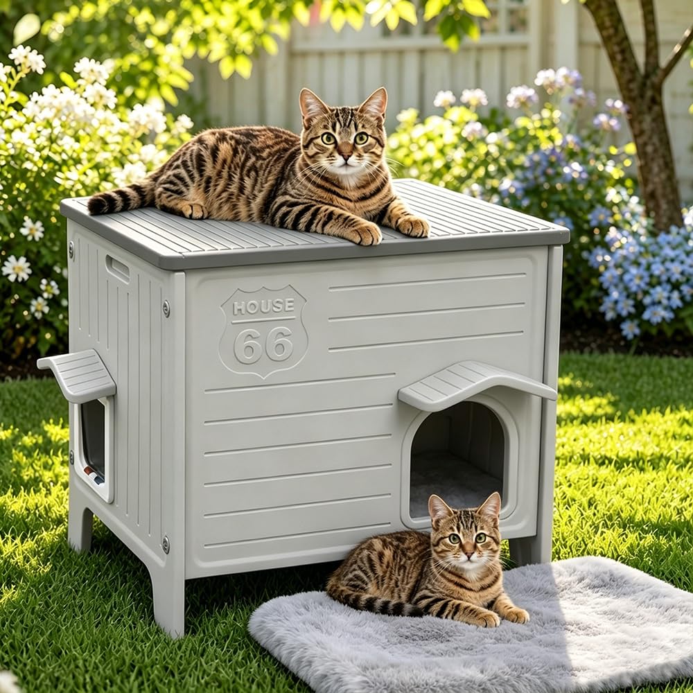 Rockever — Casa Exterior para Gatos con Aislamiento Térmico y Puerta de Escape, Refugio de Plástico para Interior y Exterior