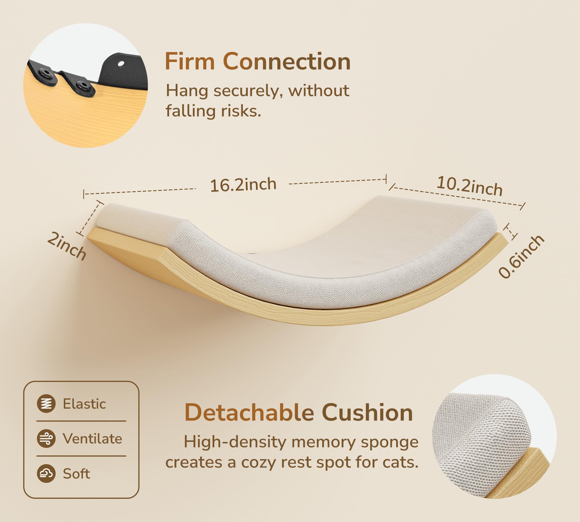 PELUO Curved — Cama Flotante para Gato con 2 Escalones de Pared y Percha de Ventana