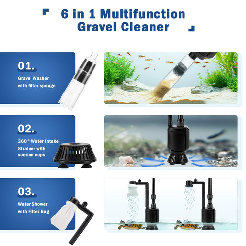 AQQA Kit Limpiador Eléctrico 6 en 1 para Acuario — Cambiador de Agua, Aspiradora de Grava y Filtro para Pecera