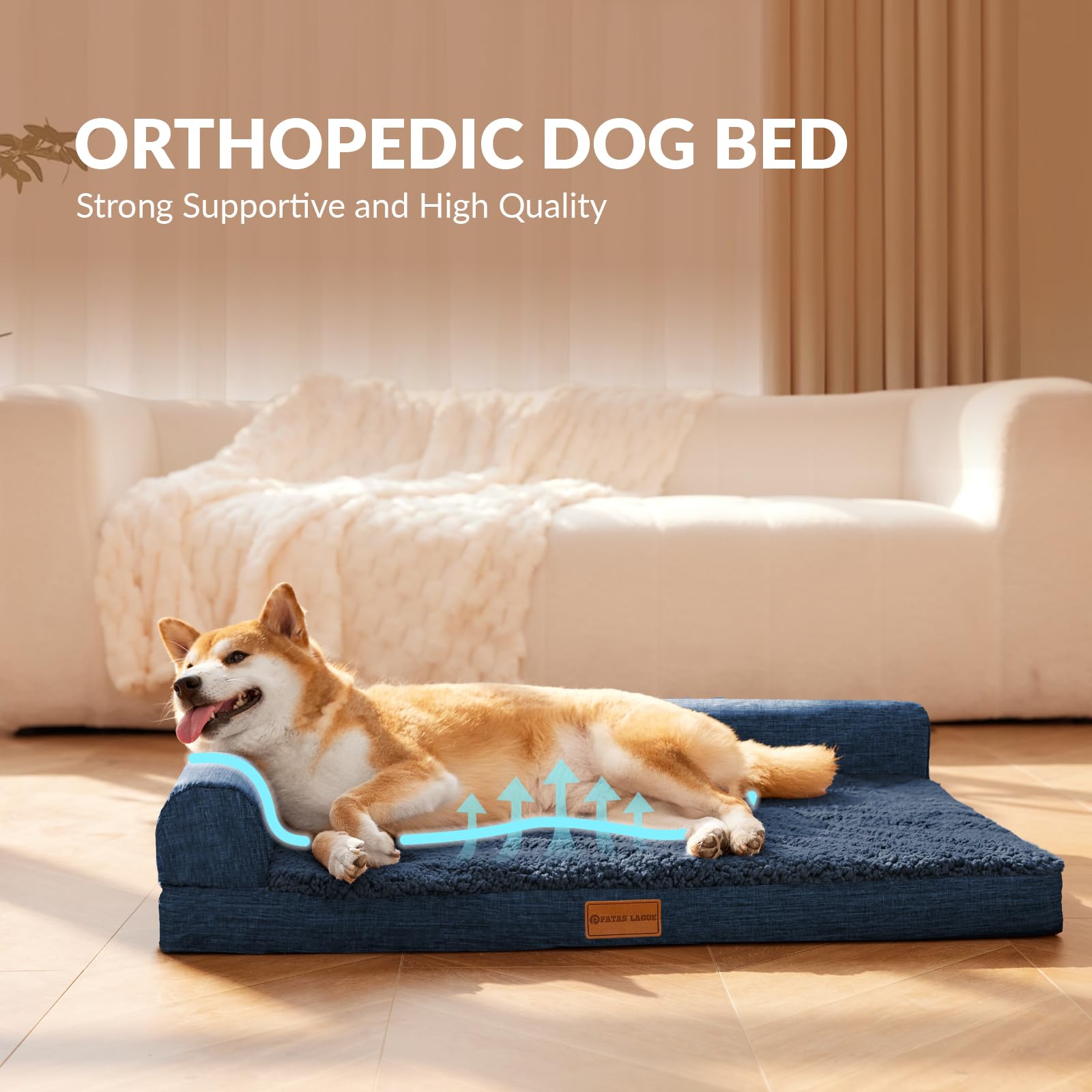 Patas Lague — Cama Ortopédica con Bolster en L y Cubierta Lavable Impermeable para Perro