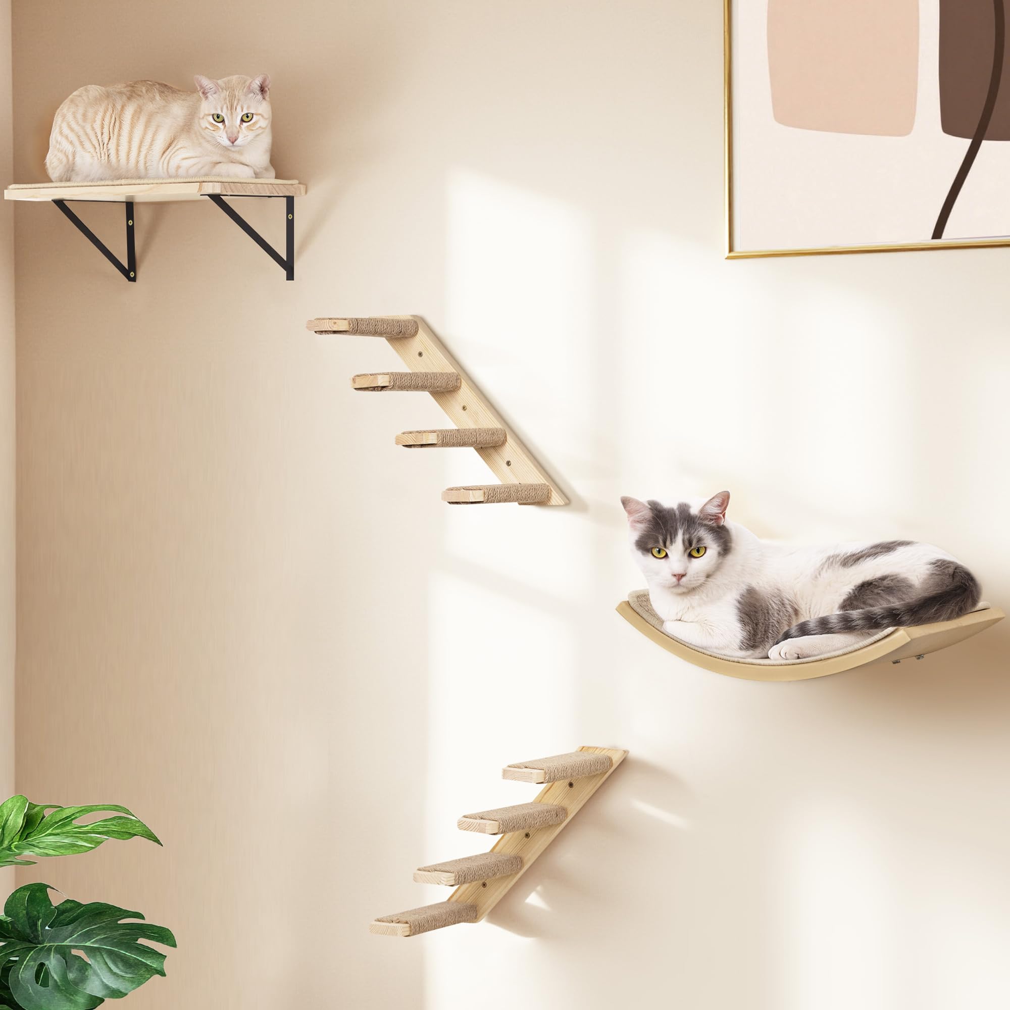 PELUO Curved — Cama Flotante para Gato con 2 Escalones de Pared y Percha de Ventana