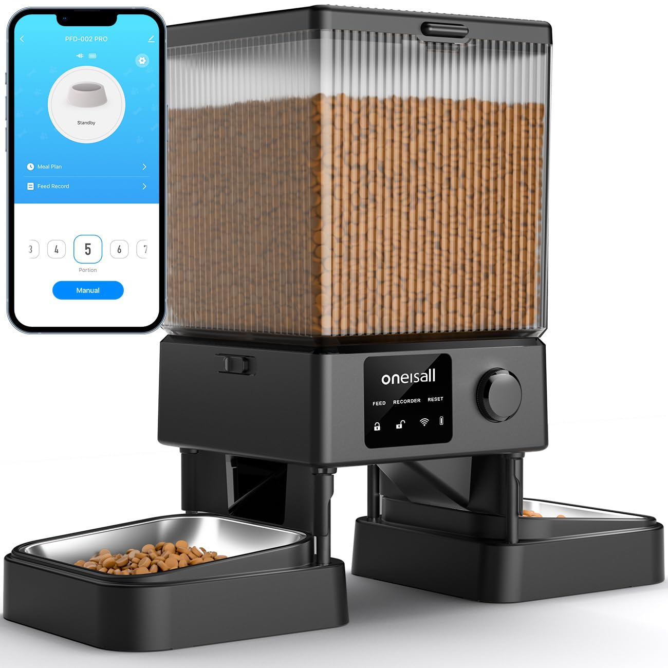 Oneisall — Comedero Automático para 2 Gatos y Mascotas Pequeñas con Dispensador de Alimento de 5L / 20 Tazas