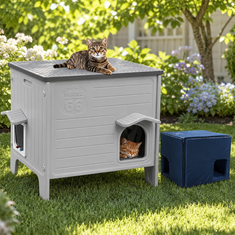 Rockever — Casa Exterior para Gatos con Aislamiento Térmico y Puerta de Escape, Refugio de Plástico para Interior y Exterior