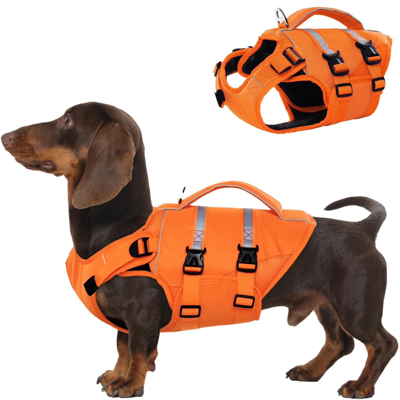 Kuoser — Chaleco Salvavidas con Alta Flotación, Tiras Reflectantes y Asa de Rescate para Perros