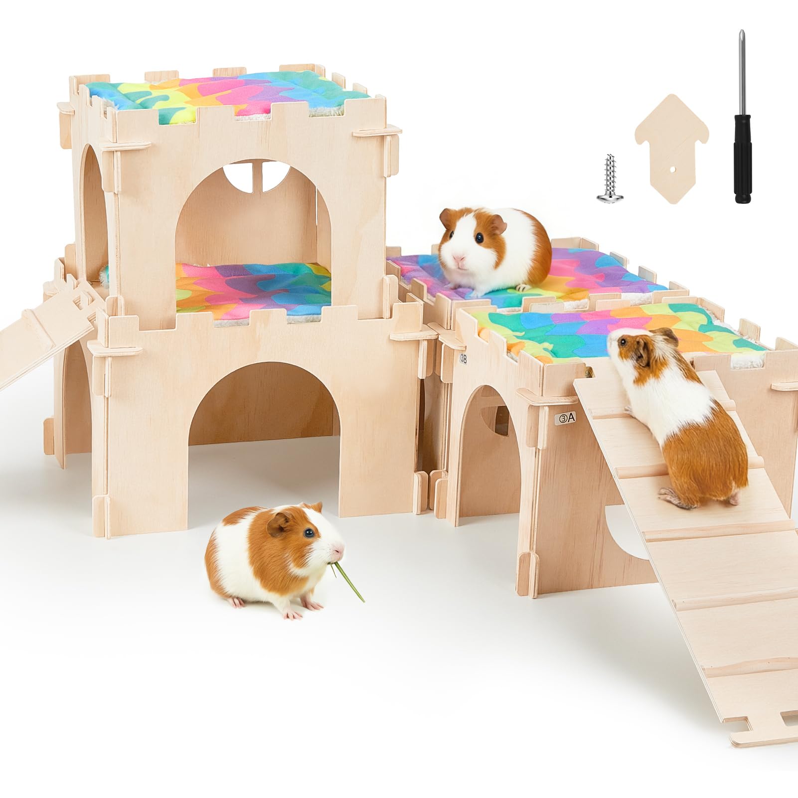 Unicorn Catcher — Casa Castillo de Madera Extra Grande con Escalera y Tapetes para Cobayos y Animales Pequeños