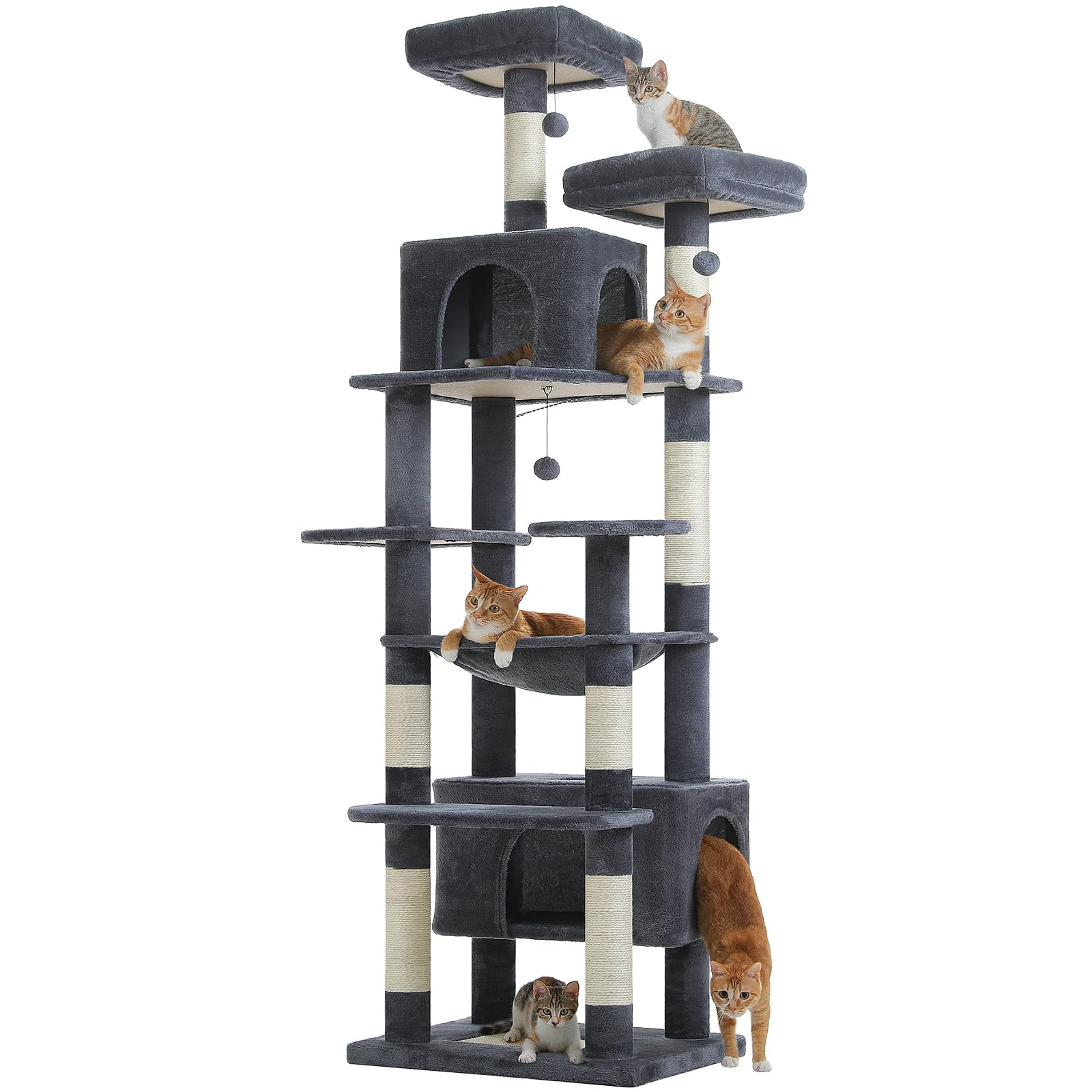 PAWZ Road 72-81 Inches Large Cat Tree, Tall Cat Tower with Large Mental Hammock for Indoor Cats Adults,7 Sisal-Covered Scratching Posts, 2 Padded Perches, Condos, and Basket