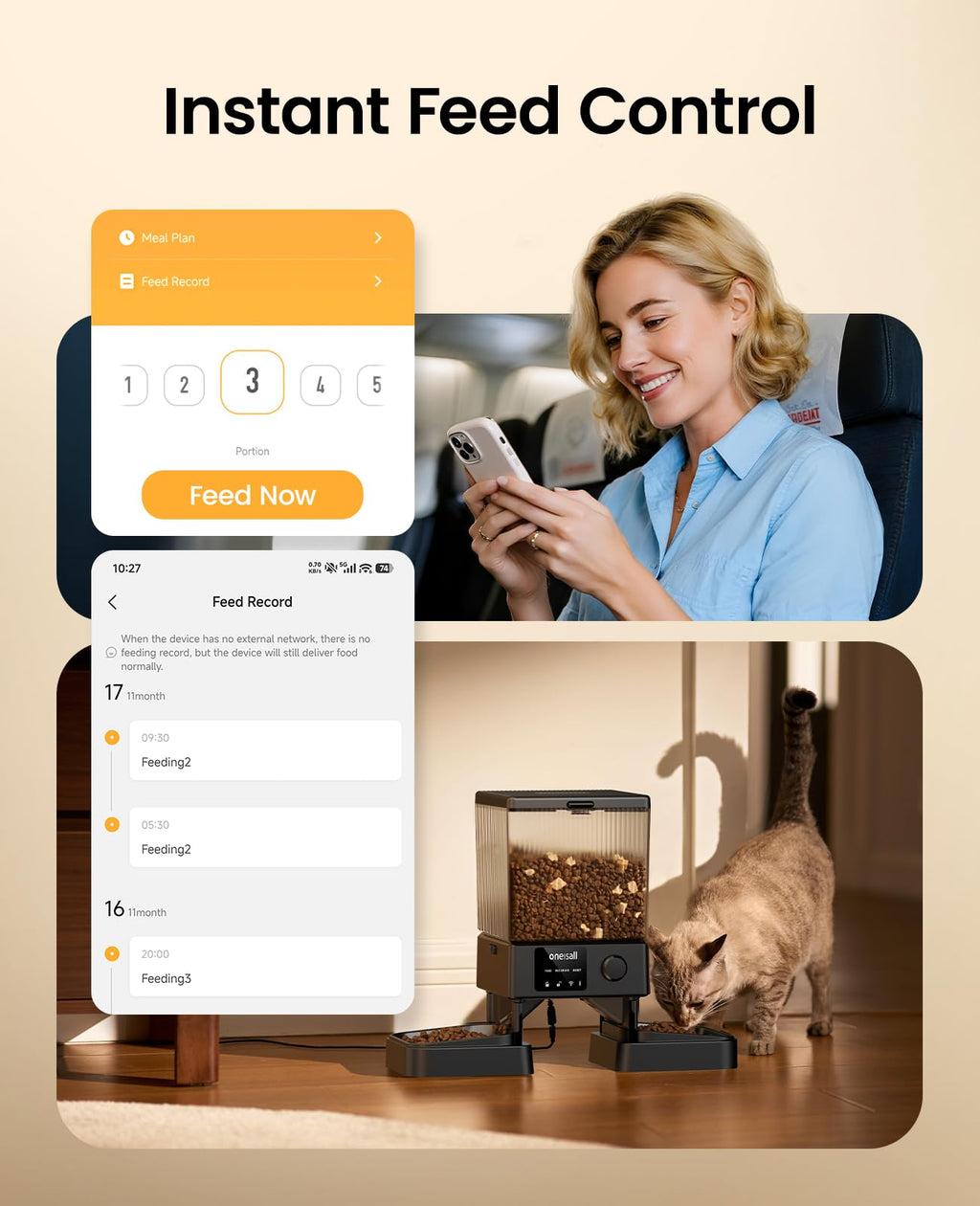 Oneisall — Comedero Automático para 2 Gatos y Mascotas Pequeñas con Dispensador de Alimento de 5L / 20 Tazas