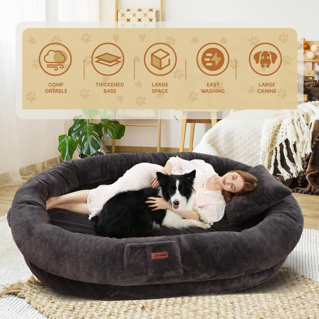 Cama Tamaño Humano para Perros y Adultos con Almohada y Cobija — Felpa Ortopédica Lavable y Removible para Mascotas Grandes