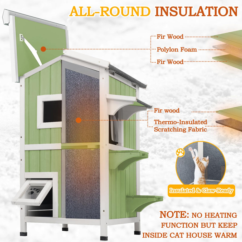 PetsCosset — Casa para Gatos de Madera de Dos Pisos con Techo Impermeable Abatible y Puertas de Escape para Uso Exterior e Interior