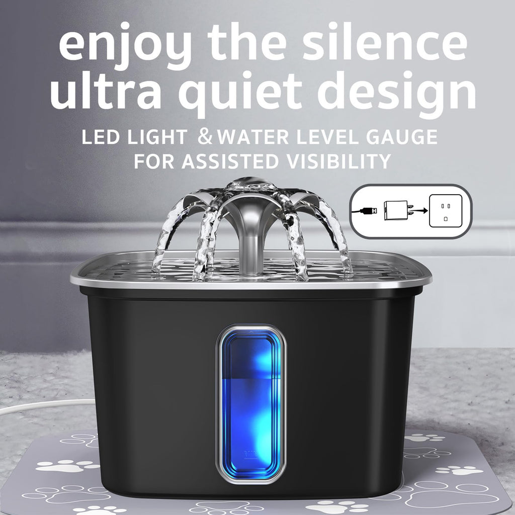 Veken — Fuente de Agua para Mascotas en Acero Inoxidable con Filtros de Repuesto y Tapete de Silicona para Gatos y Perros
