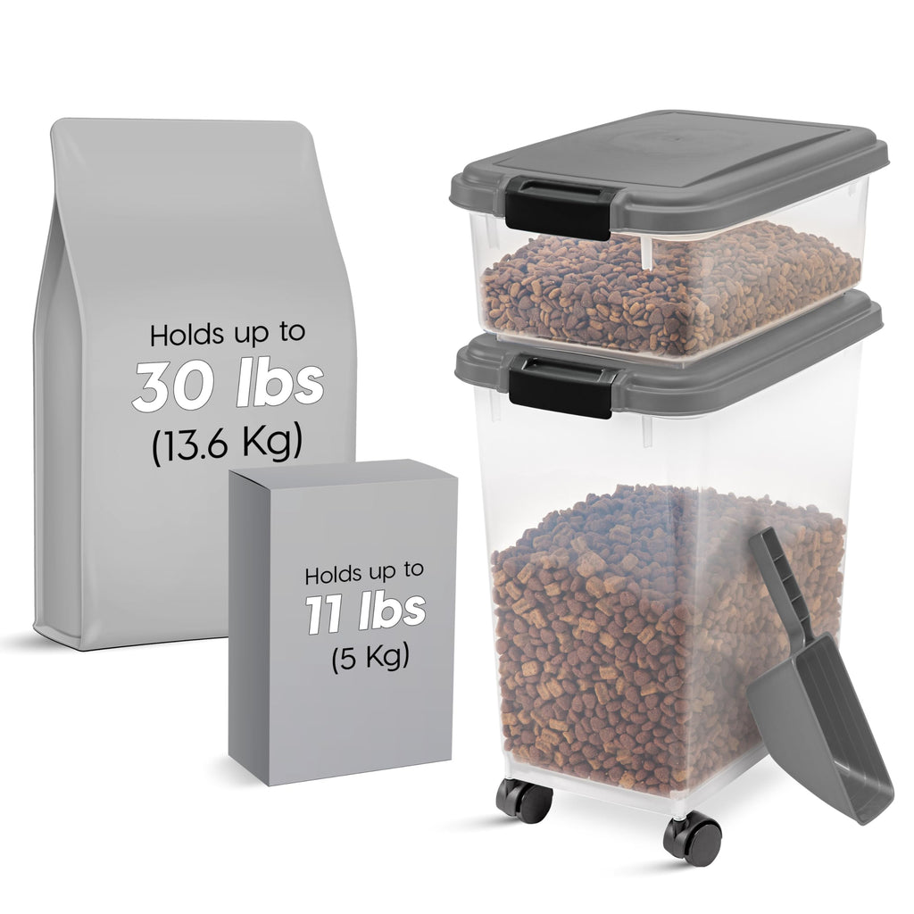 IRIS USA — Contenedor Hermético para Alimento de Perro y Gato, Combo 30 lbs y 11 lbs, Apilable con Ruedas y Taza Medidora de 2 Tazas