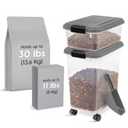 IRIS USA — Contenedor Hermético para Alimento de Perro y Gato, Combo 30 lbs y 11 lbs, Apilable con Ruedas y Taza Medidora de 2 Tazas