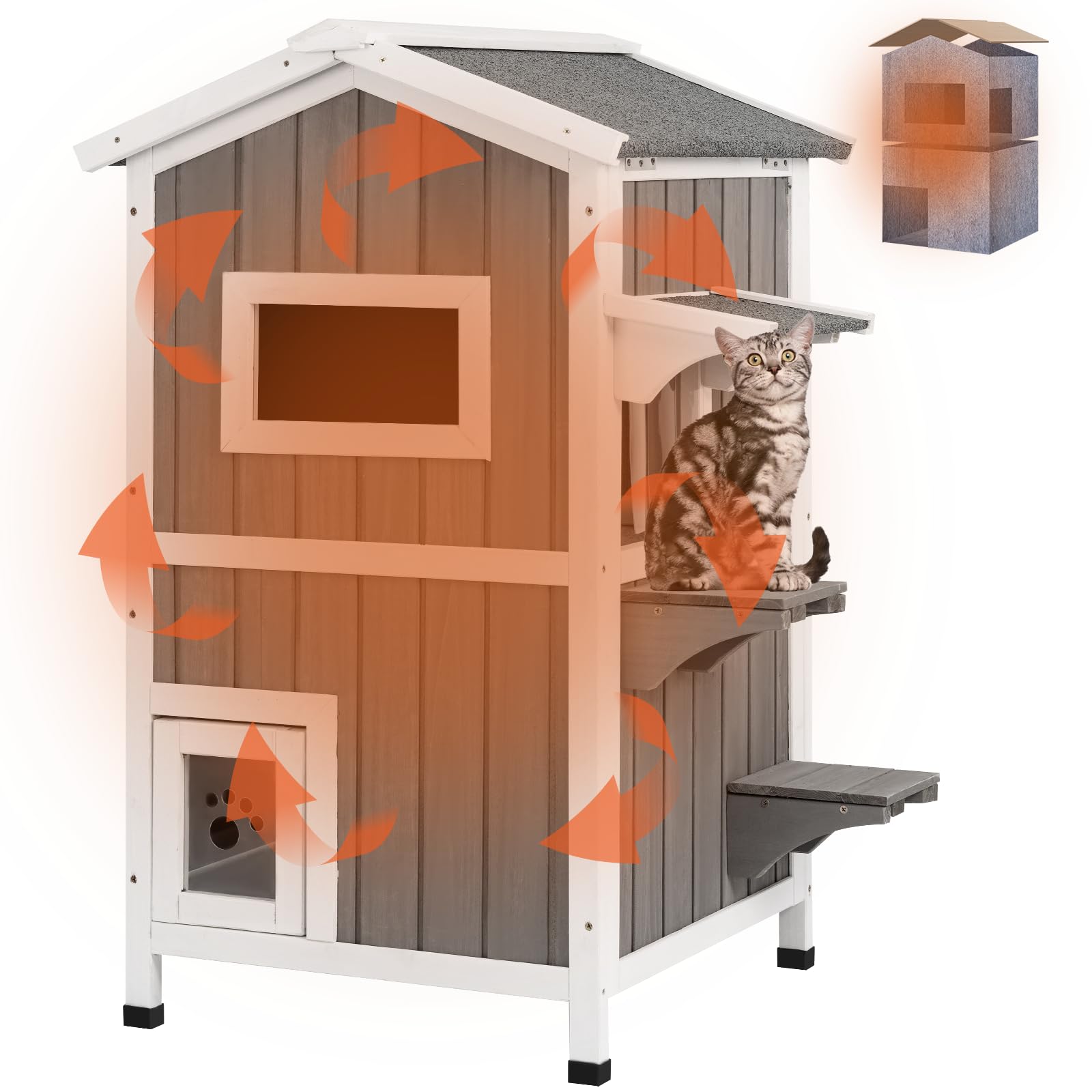 PetsCosset — Casa para Gatos de Madera de Dos Pisos con Techo Impermeable Abatible y Puertas de Escape para Uso Exterior e Interior
