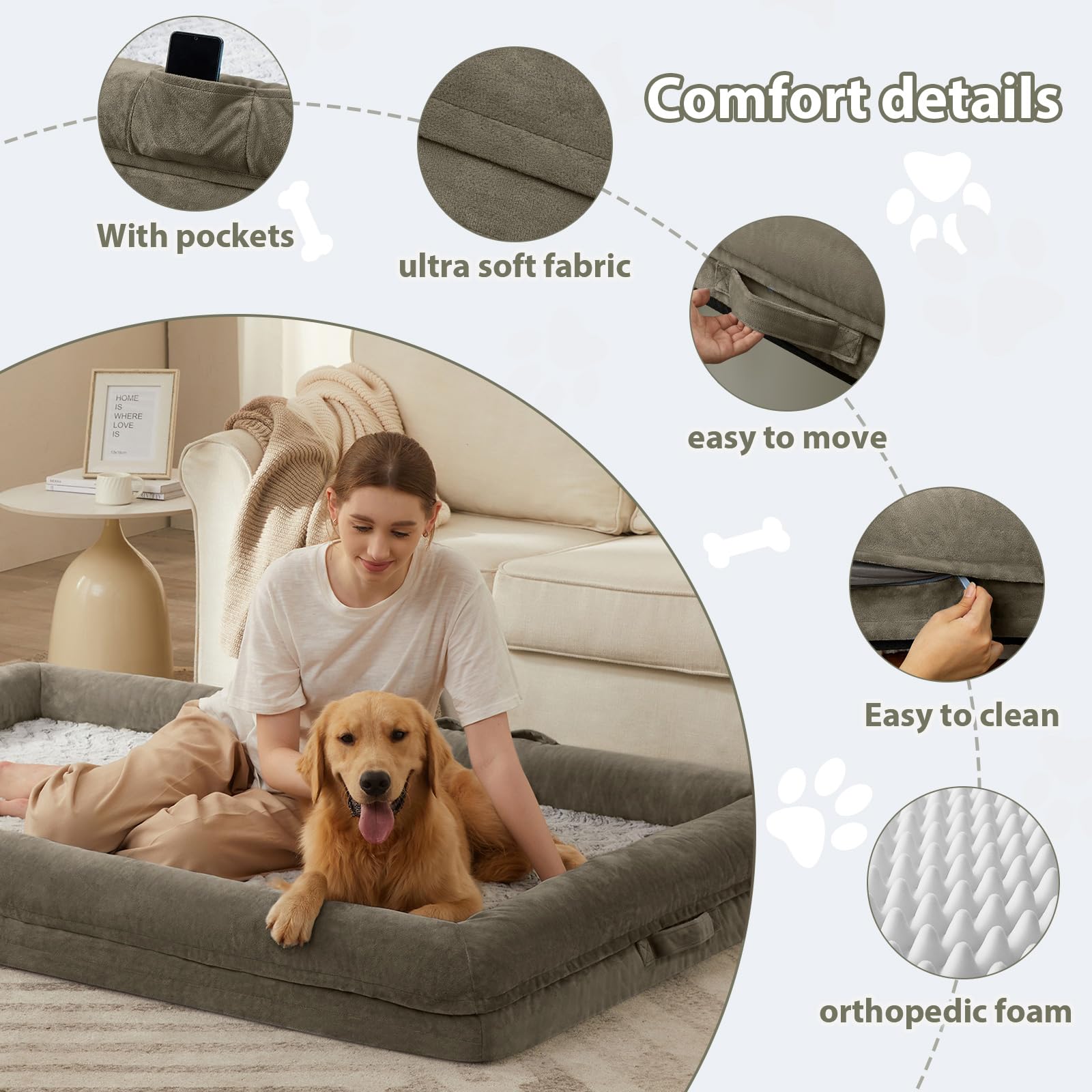 WNPETHOME — Cama Ortopédica Sofá para Perro XL con Cubierta Extraíble Impermeable y Bordes Acolchados
