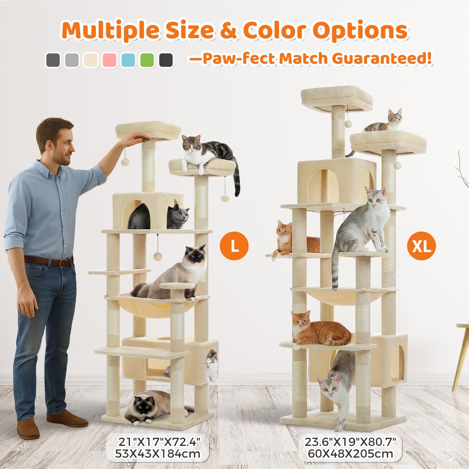 PAWZ Road 72-81 Inches Large Cat Tree, Tall Cat Tower with Large Mental Hammock for Indoor Cats Adults,7 Sisal-Covered Scratching Posts, 2 Padded Perches, Condos, and Basket
