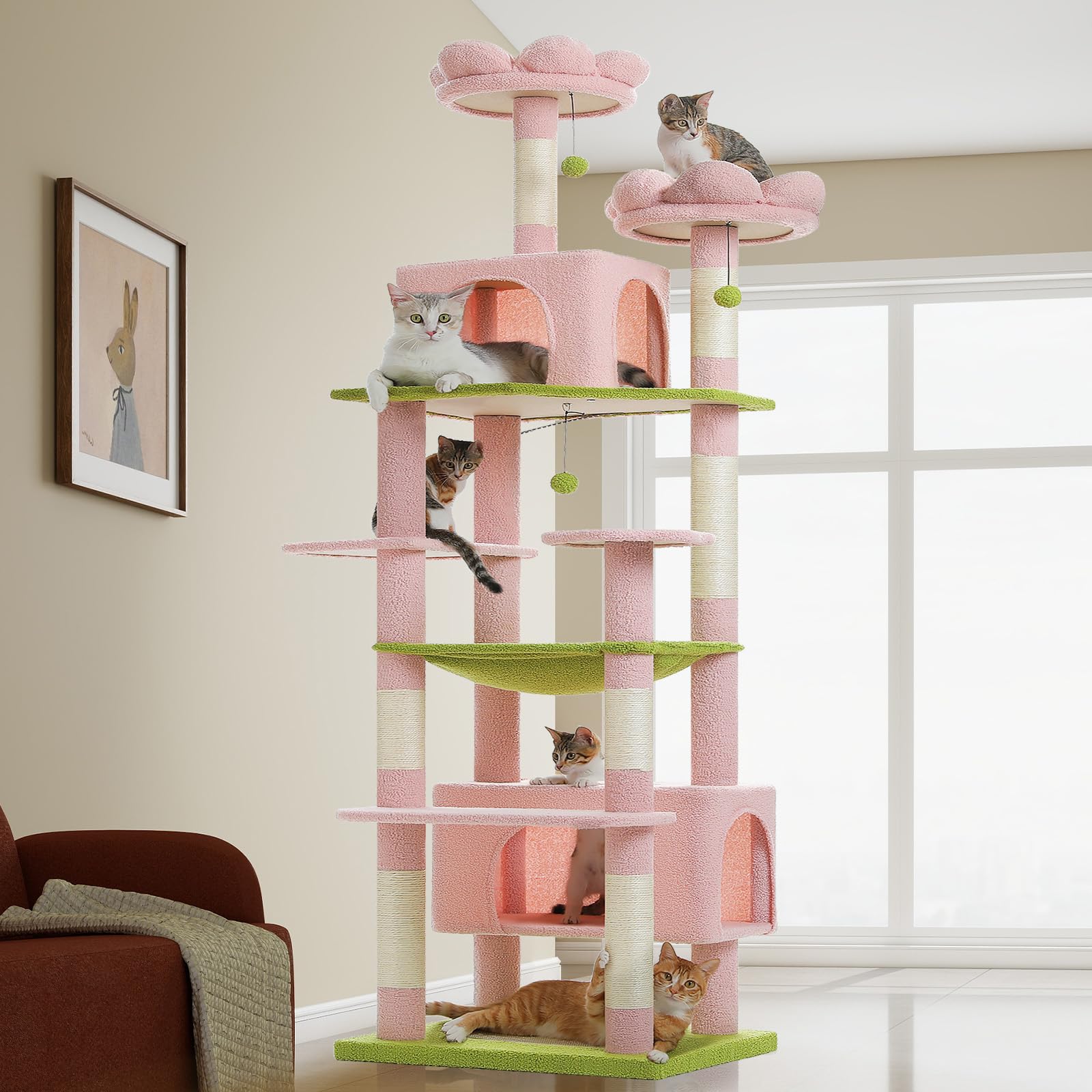 PAWZ Road 72-81 Inches Large Cat Tree, Tall Cat Tower with Large Mental Hammock for Indoor Cats Adults,7 Sisal-Covered Scratching Posts, 2 Padded Perches, Condos, and Basket