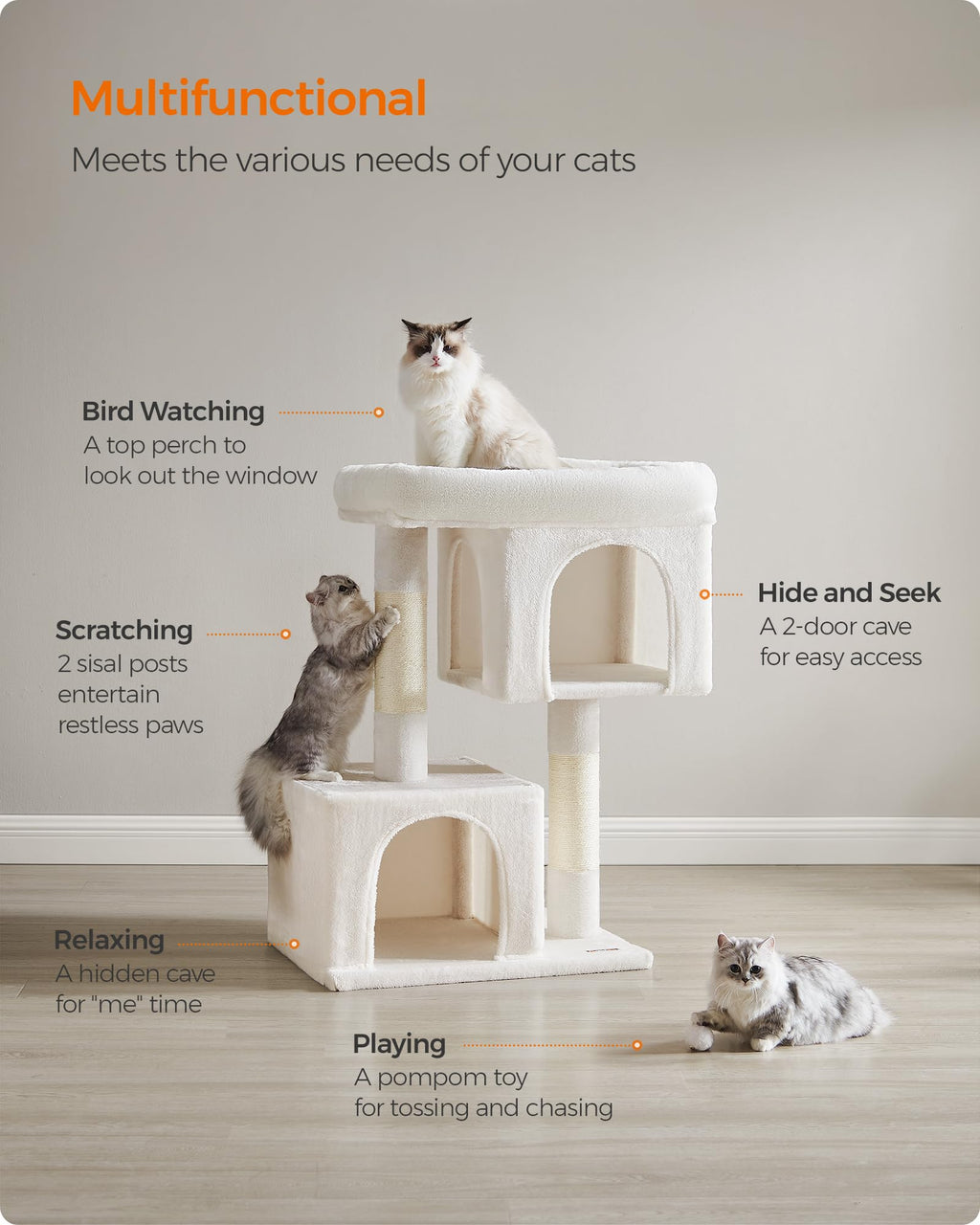 Feandrea — Torre Rascador para Gatos con Condo, Perchas y Postes de Sisal
