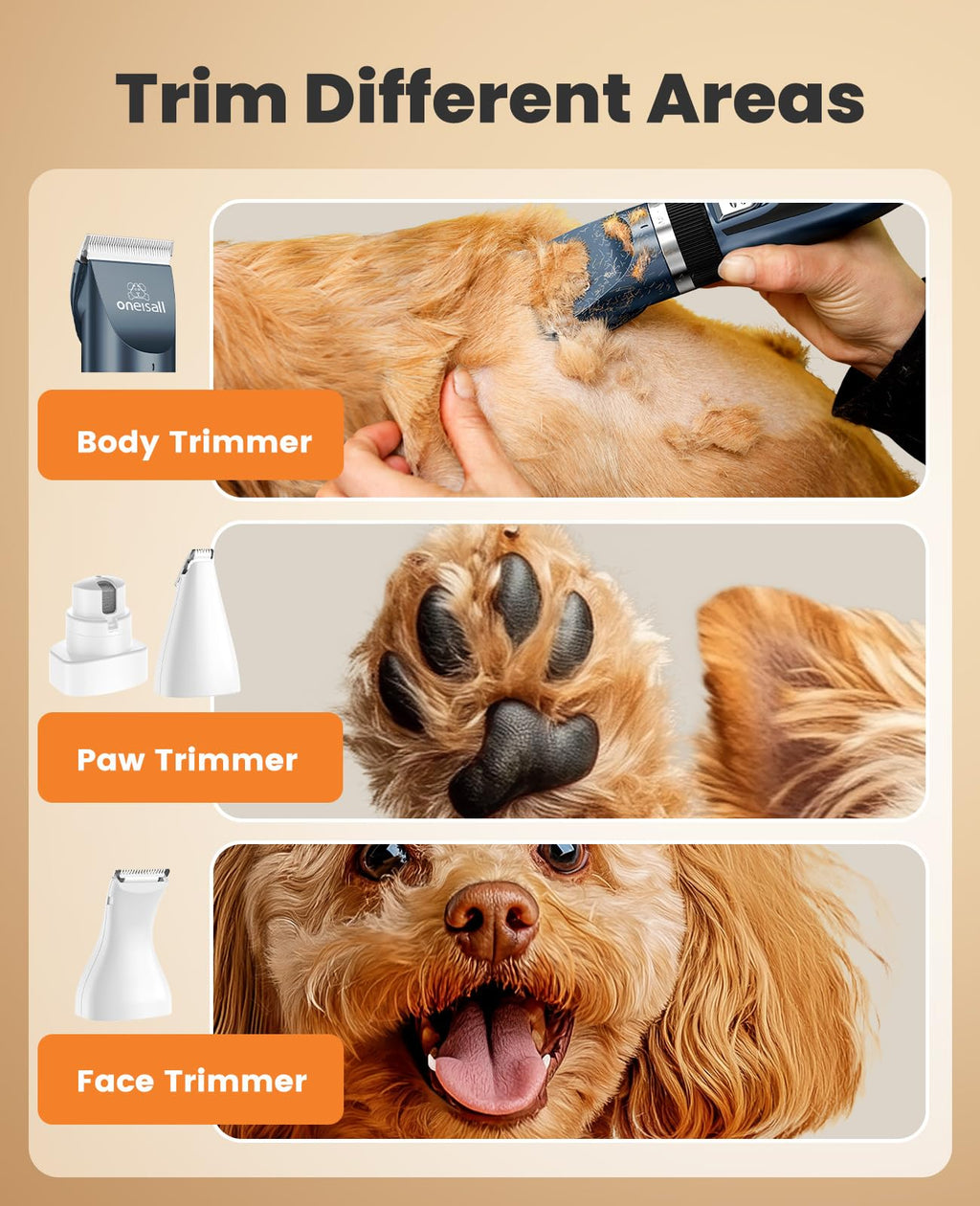 oneisall 4 in 1 Dog Clippers and Paw Trimmer Grooming Kit, Low Noise Cordless Dog Clippers for Grooming Pet Hair Trimmers for Small and Large Dogs Cats Animals
