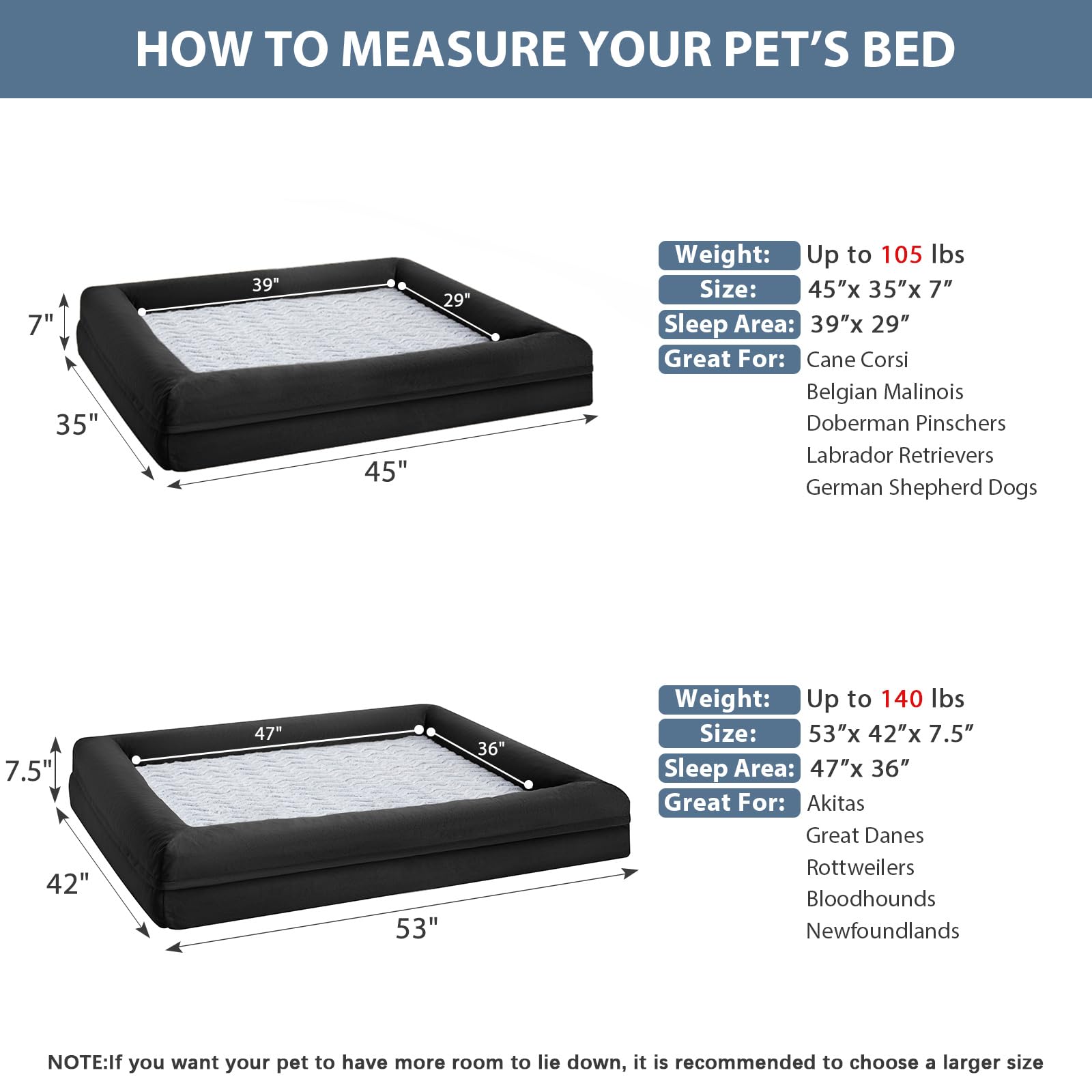 WNPETHOME — Cama Ortopédica Sofá para Perro XL con Cubierta Extraíble Impermeable y Bordes Acolchados