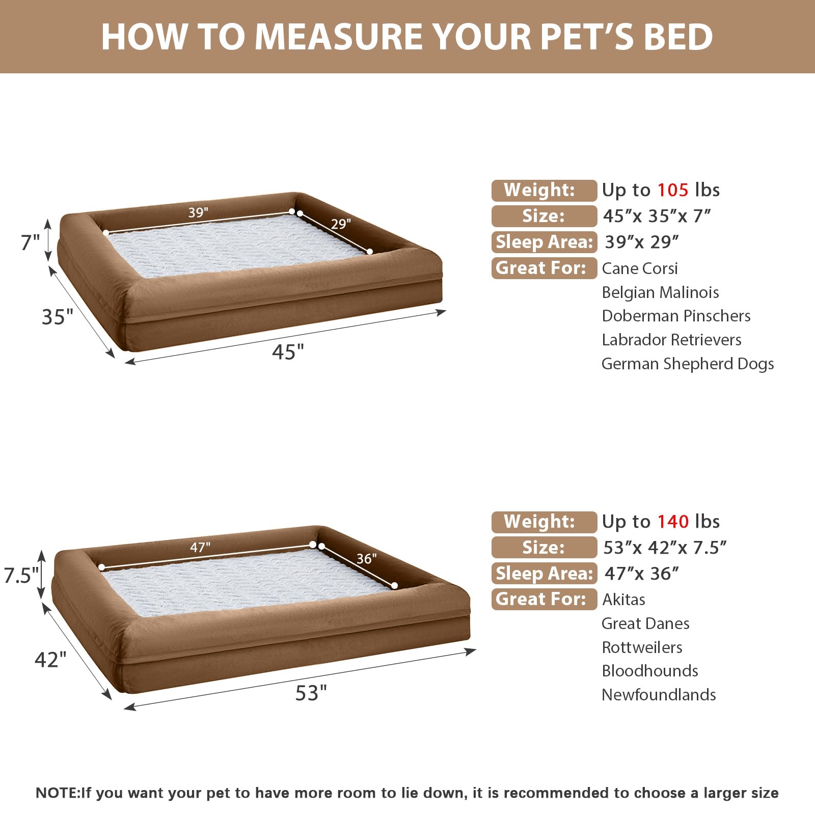 WNPETHOME — Cama Ortopédica Sofá para Perro XL con Cubierta Extraíble Impermeable y Bordes Acolchados
