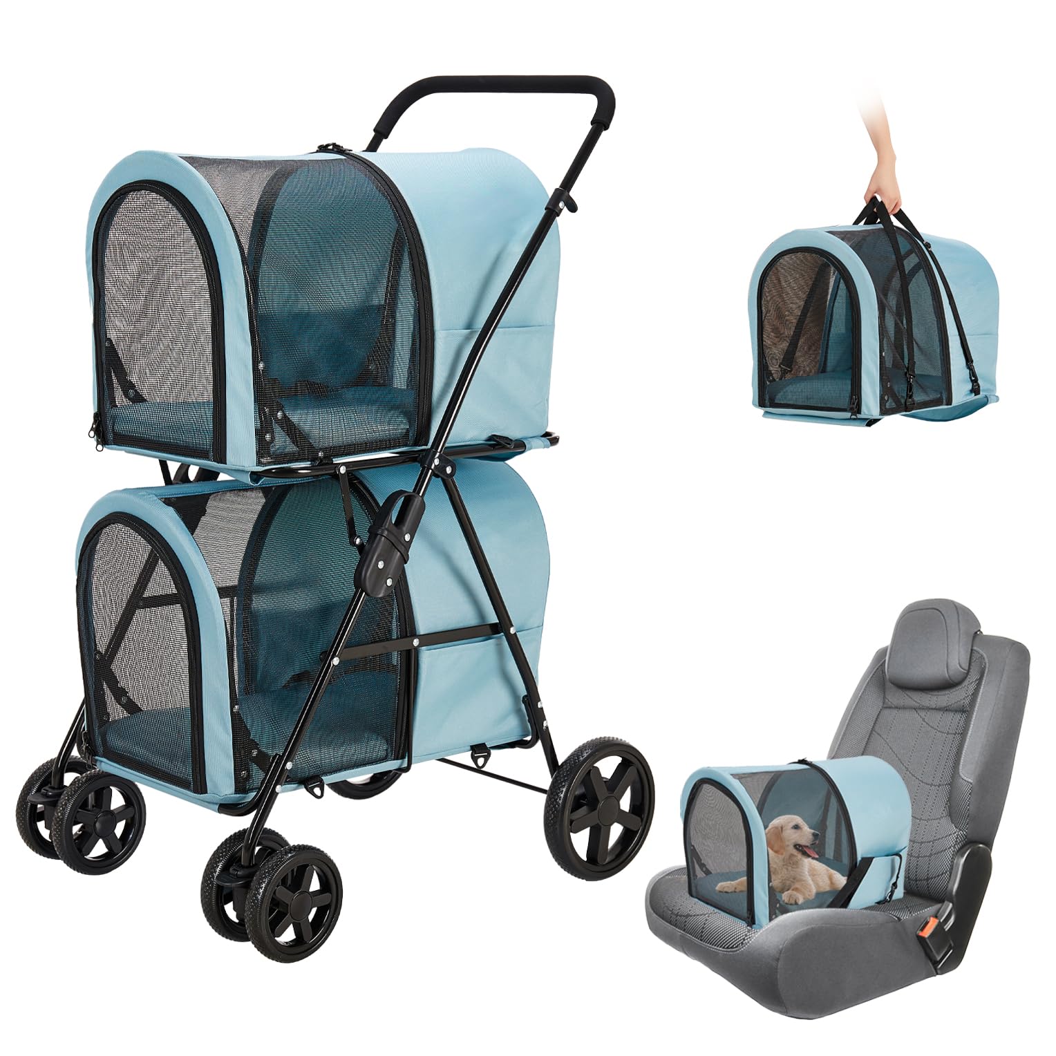 LPOTIUS Carriola Doble para Perros y Gatos con 2 Transportadoras Desmontables — Carreola Plegable con 4 Ruedas para Mascotas Pequeñas y Medianas