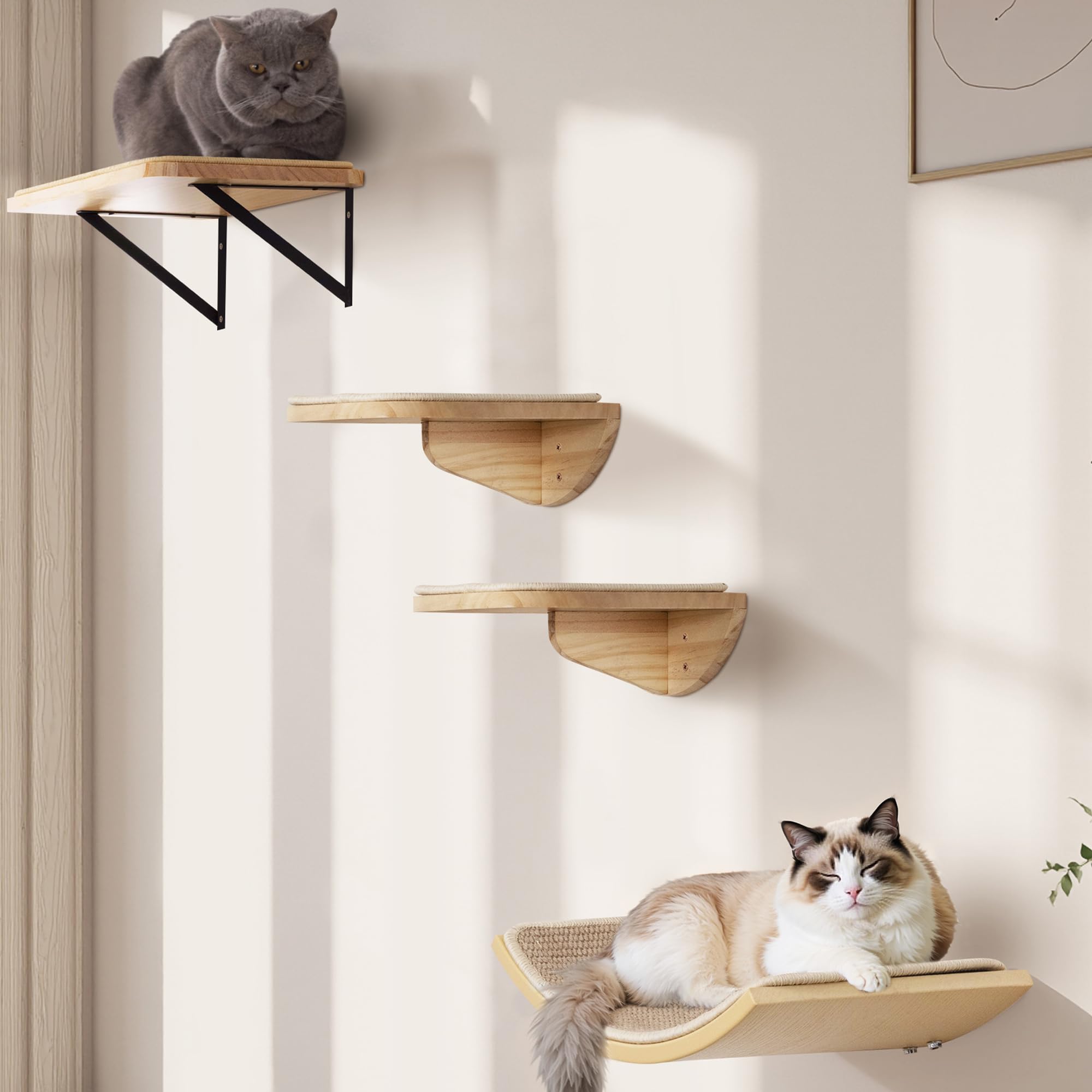 PELUO Curved — Cama Flotante para Gato con 2 Escalones de Pared y Percha de Ventana