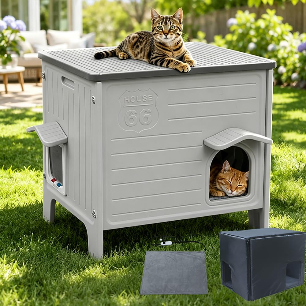 Rockever — Casa Exterior para Gatos con Aislamiento Térmico y Puerta de Escape, Refugio de Plástico para Interior y Exterior