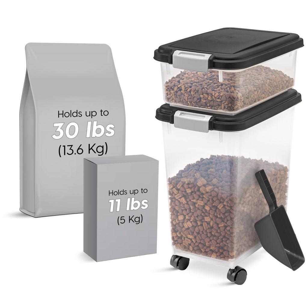 IRIS USA — Contenedor Hermético para Alimento de Perro y Gato, Combo 30 lbs y 11 lbs, Apilable con Ruedas y Taza Medidora de 2 Tazas