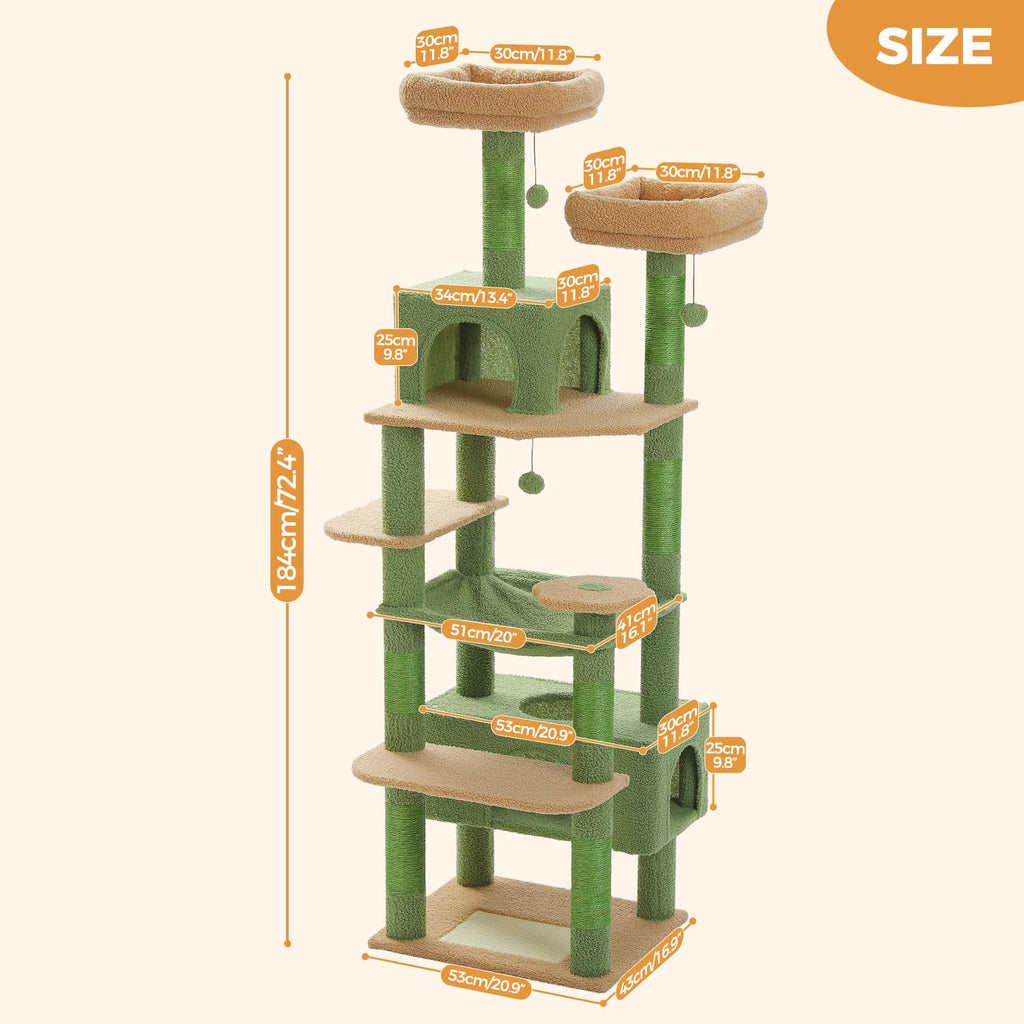 PAWZ Road 72-81 Inches Large Cat Tree, Tall Cat Tower with Large Mental Hammock for Indoor Cats Adults,7 Sisal-Covered Scratching Posts, 2 Padded Perches, Condos, and Basket