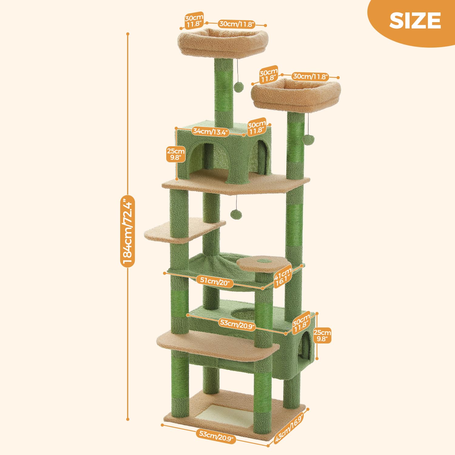 PAWZ Road 72-81 Inches Large Cat Tree, Tall Cat Tower with Large Mental Hammock for Indoor Cats Adults,7 Sisal-Covered Scratching Posts, 2 Padded Perches, Condos, and Basket