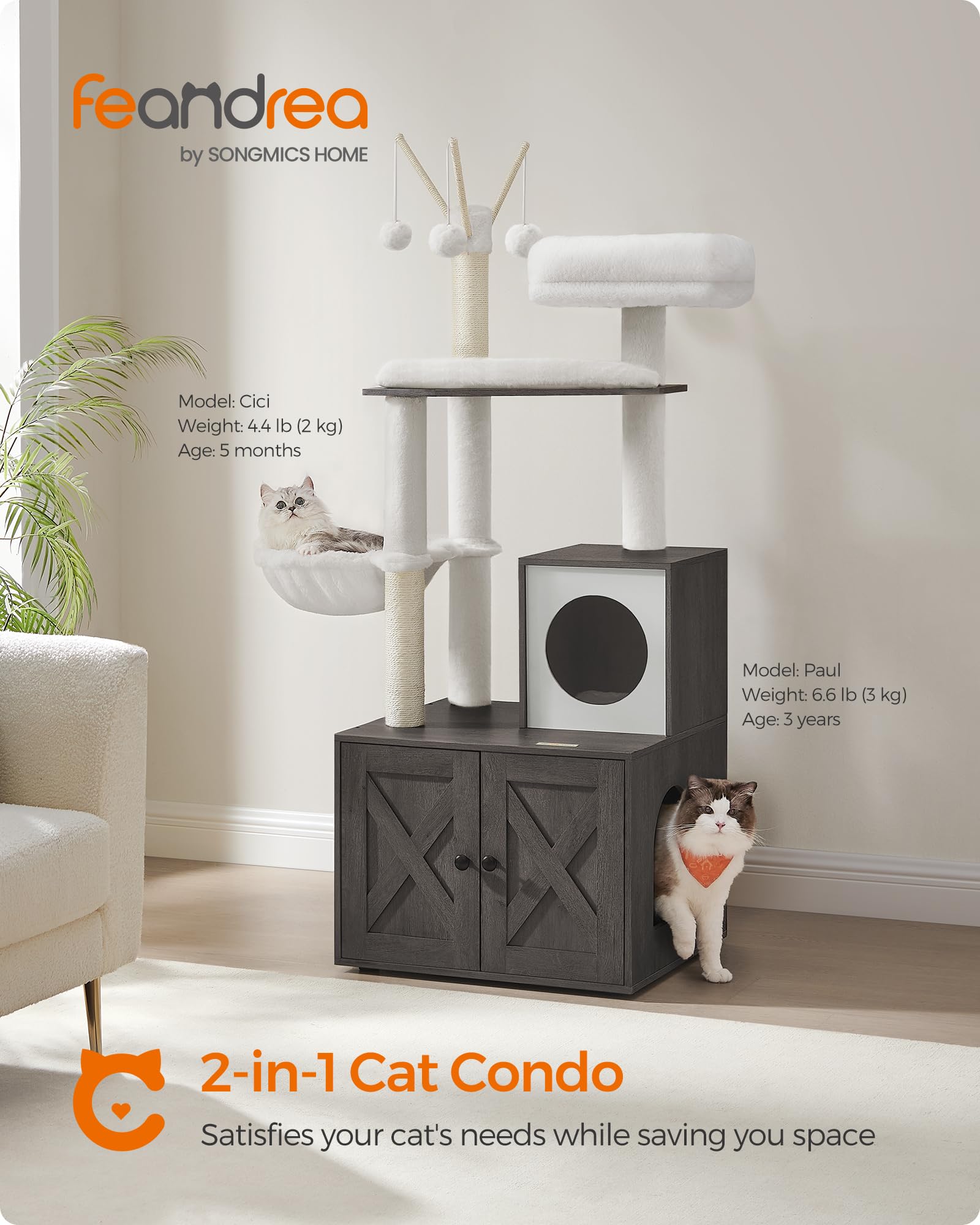 Feandrea Torre Rascador para Gato con Mueble para Arenero Integrado — Centro de Actividades 2 en 1 con Cojines Lavables y Postes de Sisal