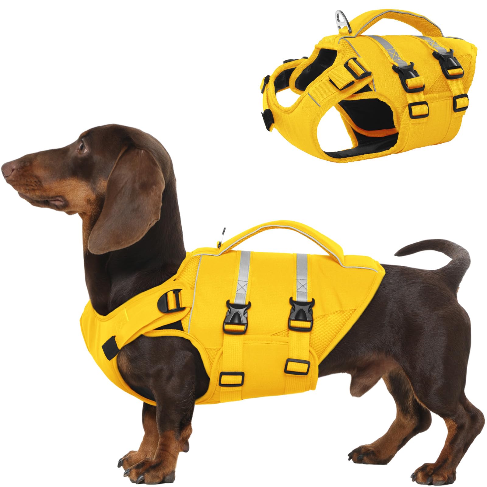 Kuoser — Chaleco Salvavidas con Alta Flotación, Tiras Reflectantes y Asa de Rescate para Perros