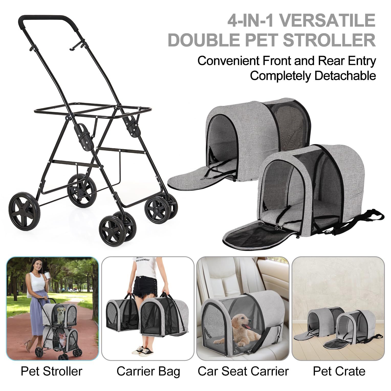 LPOTIUS Carriola Doble para Perros y Gatos con 2 Transportadoras Desmontables — Carreola Plegable con 4 Ruedas para Mascotas Pequeñas y Medianas