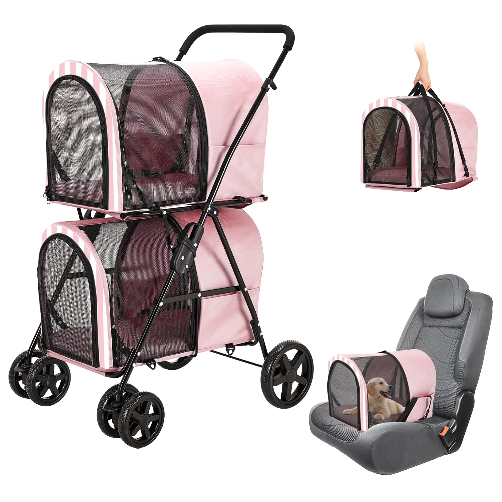 LPOTIUS Carriola Doble para Perros y Gatos con 2 Transportadoras Desmontables — Carreola Plegable con 4 Ruedas para Mascotas Pequeñas y Medianas