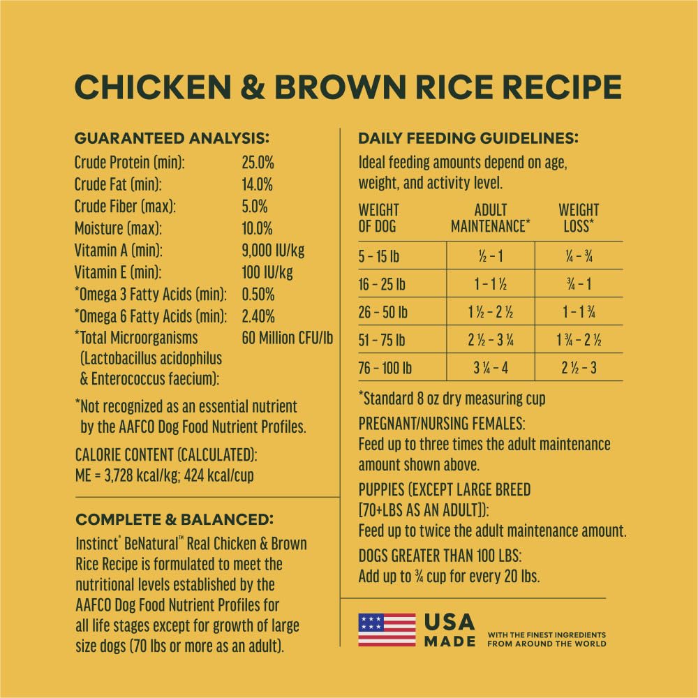 Instinct Be Natural Alimento Seco para Perros con Pollo Real y Arroz Integral — Croquetas con Cobertura de Raw Congelado, Bolsa 25 lb (11.3 kg)