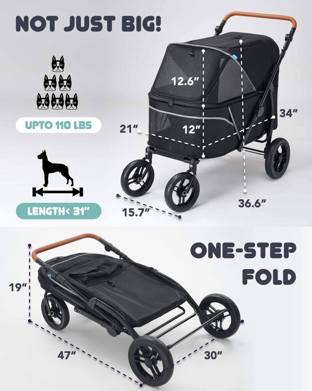 Carriola para Perros Grandes Zoosky hasta 50 kg — Carriola XL para Múltiples Mascotas con Doble Ventana de Malla, Manubrio Ajustable y Tela Oxford 1680D Resistente al Agua, Todo Terreno