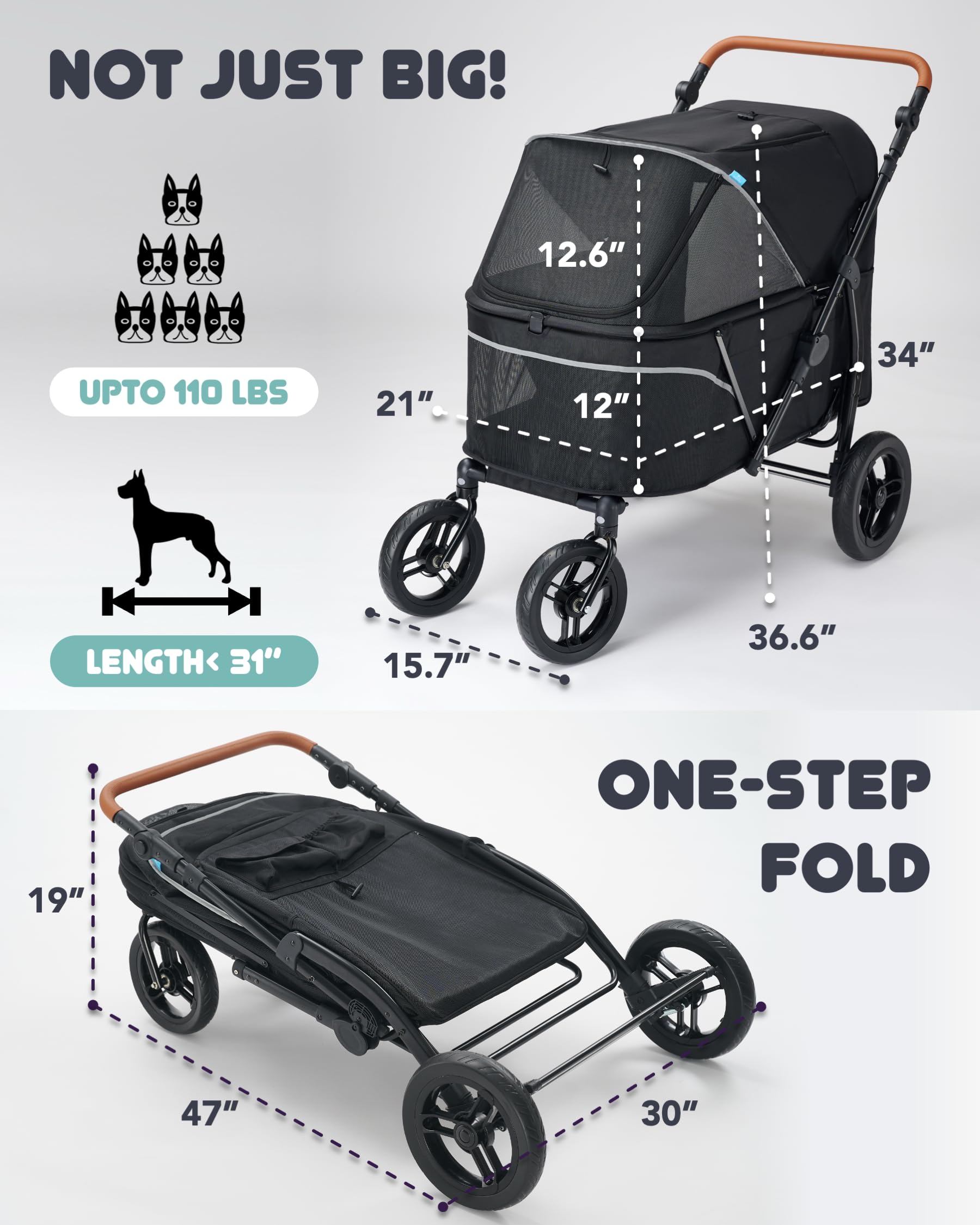Carriola para Perros Grandes Zoosky hasta 50 kg — Carriola XL para Múltiples Mascotas con Doble Ventana de Malla, Manubrio Ajustable y Tela Oxford 1680D Resistente al Agua, Todo Terreno