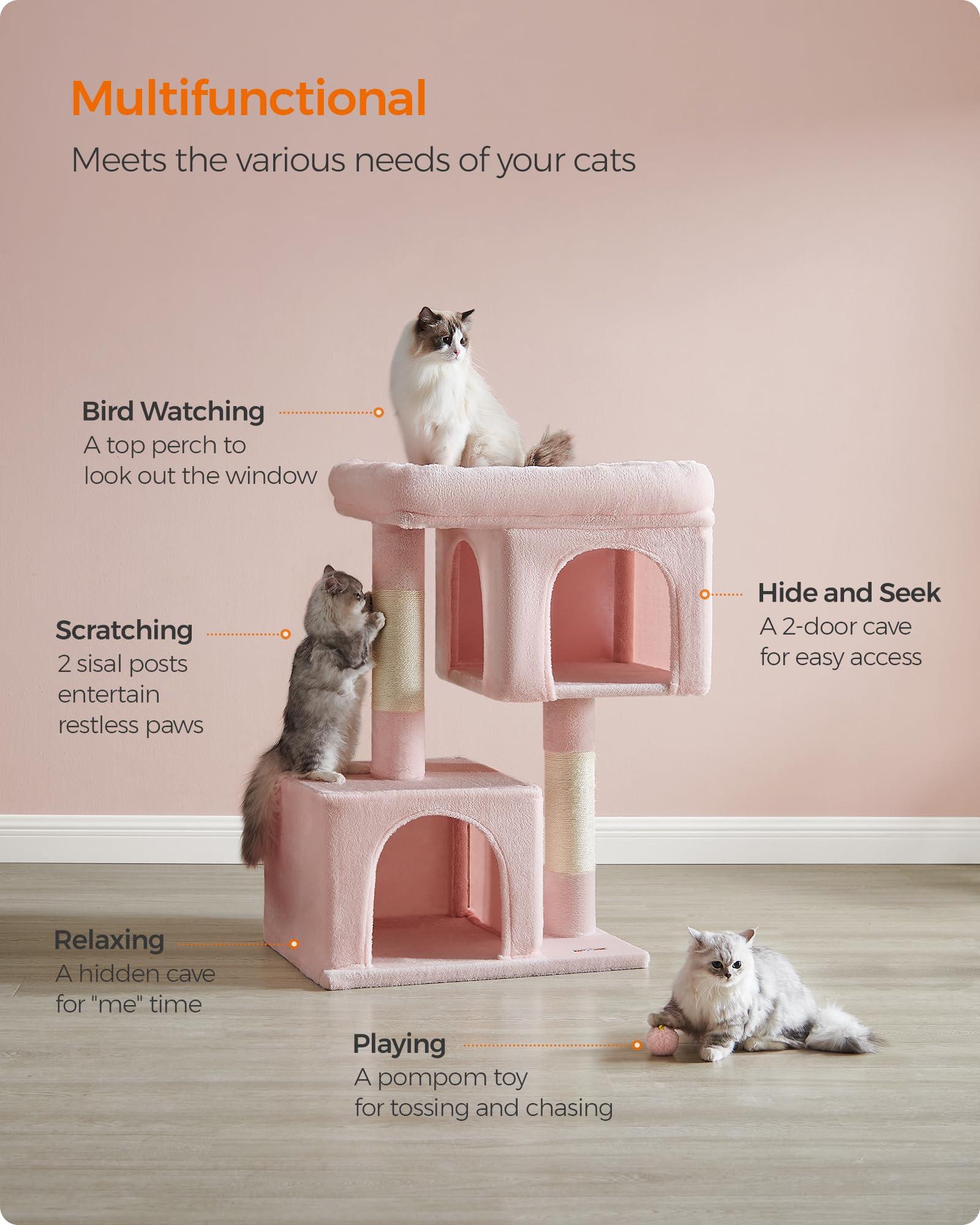 Feandrea — Torre Rascador para Gatos con Condo, Perchas y Postes de Sisal