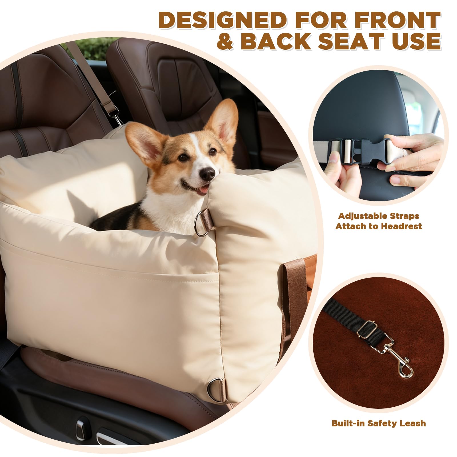 Asiento Elevador para Perros y Gatos Pequeños — Tapete de Viaje con Correa de Seguridad, Bolsillo Lateral y Relleno de Espuma para Auto