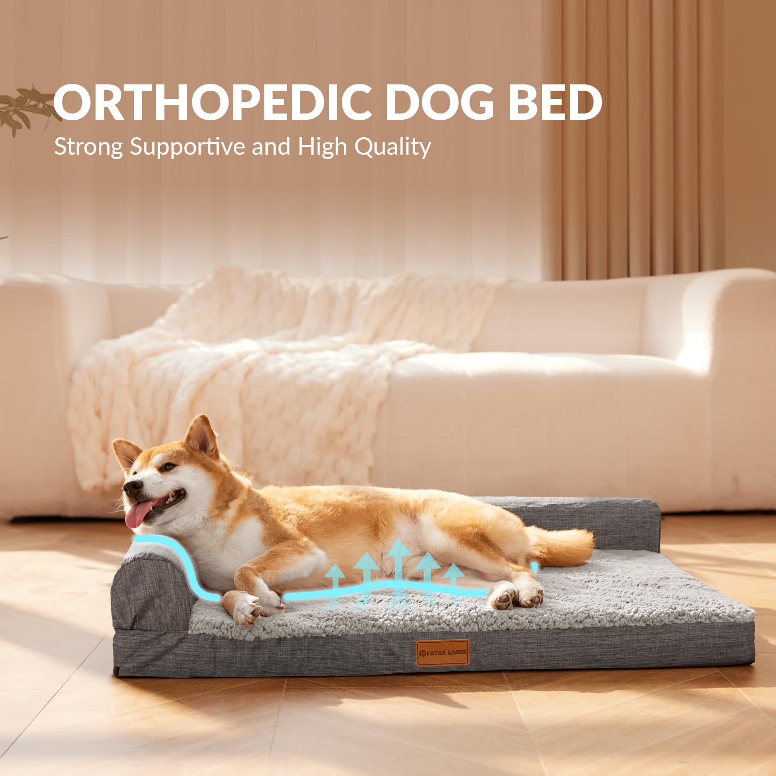 Patas Lague — Cama Ortopédica con Bolster en L y Cubierta Lavable Impermeable para Perro