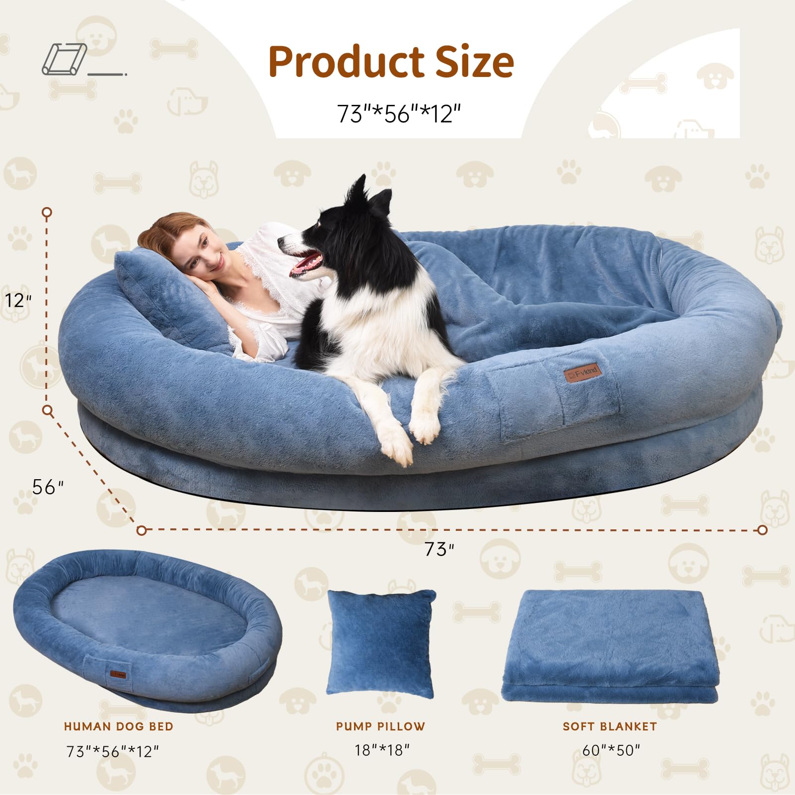 Cama Tamaño Humano para Perros y Adultos con Almohada y Cobija — Felpa Ortopédica Lavable y Removible para Mascotas Grandes
