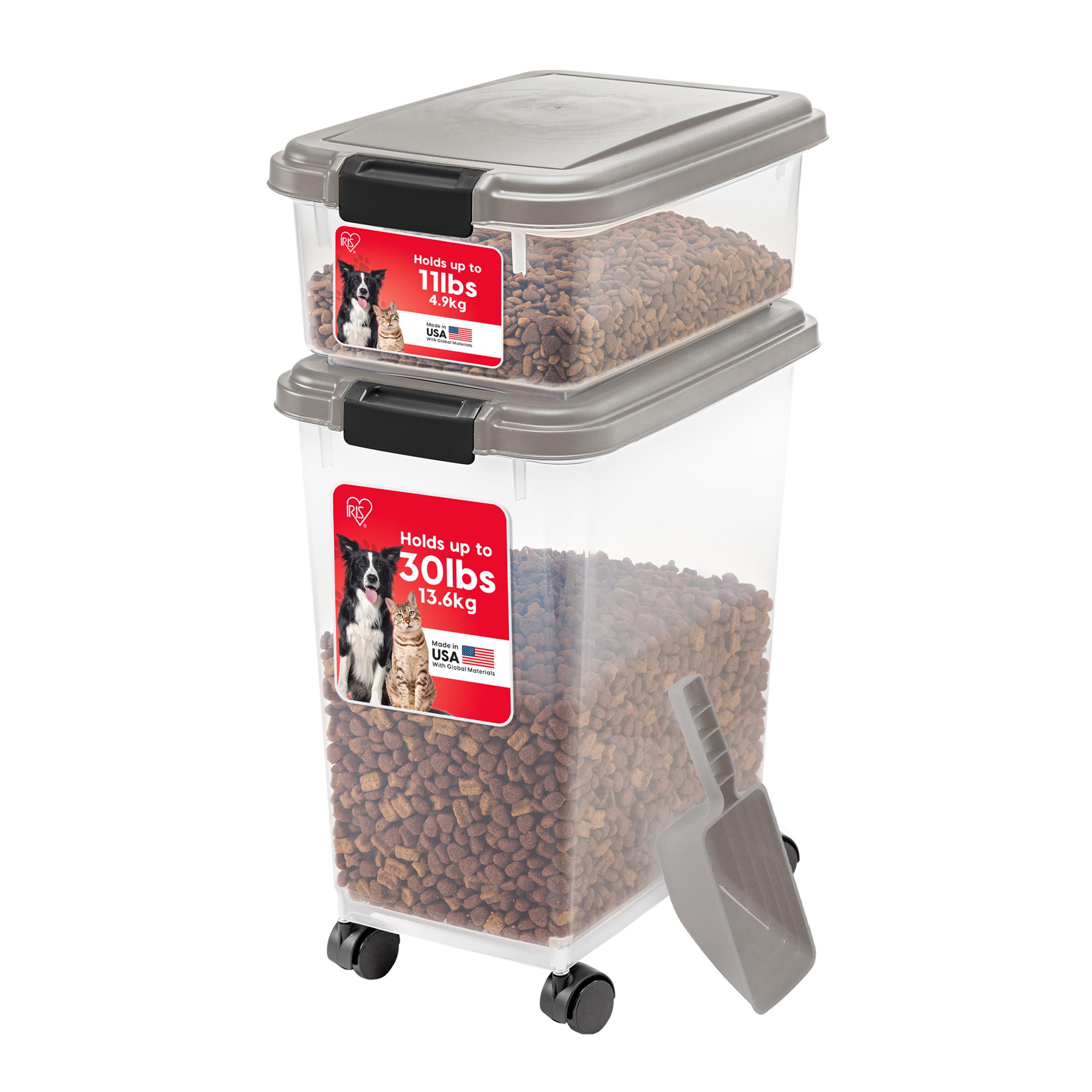 IRIS USA — Contenedor Hermético para Alimento de Perro y Gato, Combo 30 lbs y 11 lbs, Apilable con Ruedas y Taza Medidora de 2 Tazas