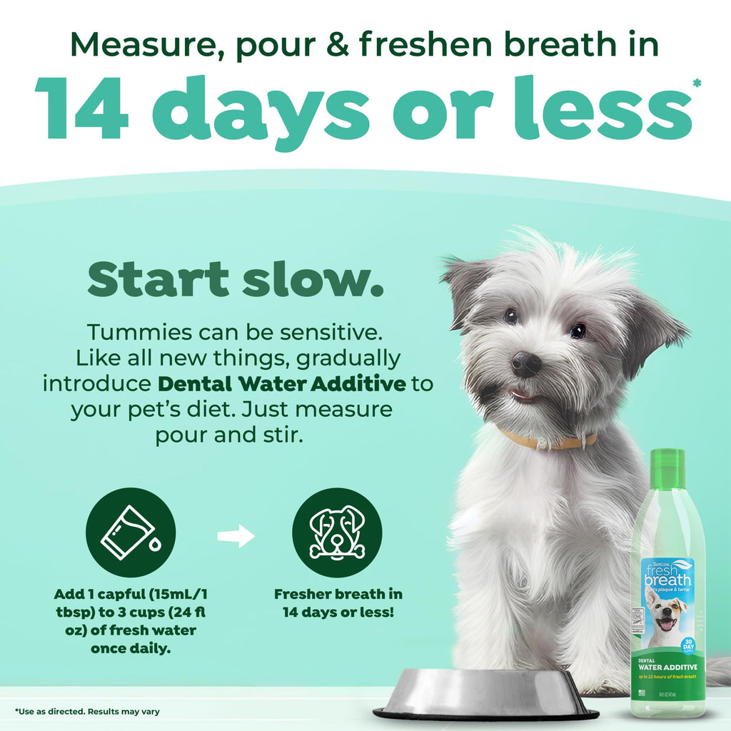 TropiClean Fresh Breath — Aditivo Dental para Agua, Limpieza de Dientes y Aliento Fresco para Perros