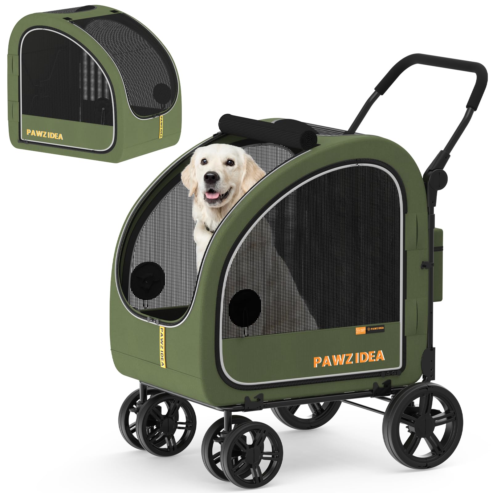 PAWZIDEA 3-in-1 Large Dog Stroller with Detachable Carrier up to 80lbs, Portable Dog Car Crate & Travel Kennel, Foldable Pet Stroller for 2 Medium Dogs, All-Terrain 9” Jogger Wheels, Adjustable Handle