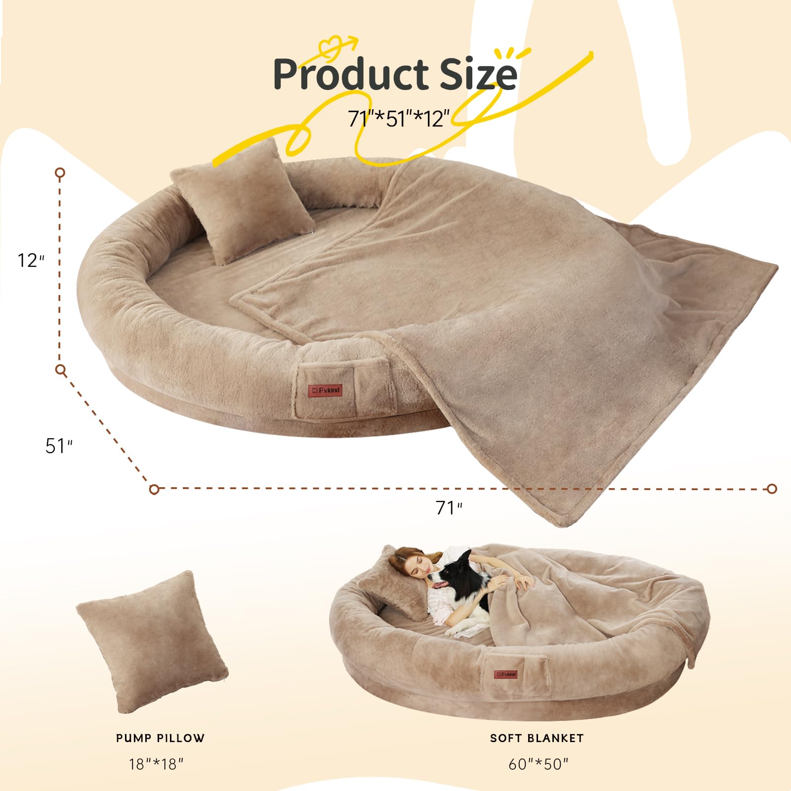 Cama Tamaño Humano para Perros y Adultos con Almohada y Cobija — Felpa Ortopédica Lavable y Removible para Mascotas Grandes